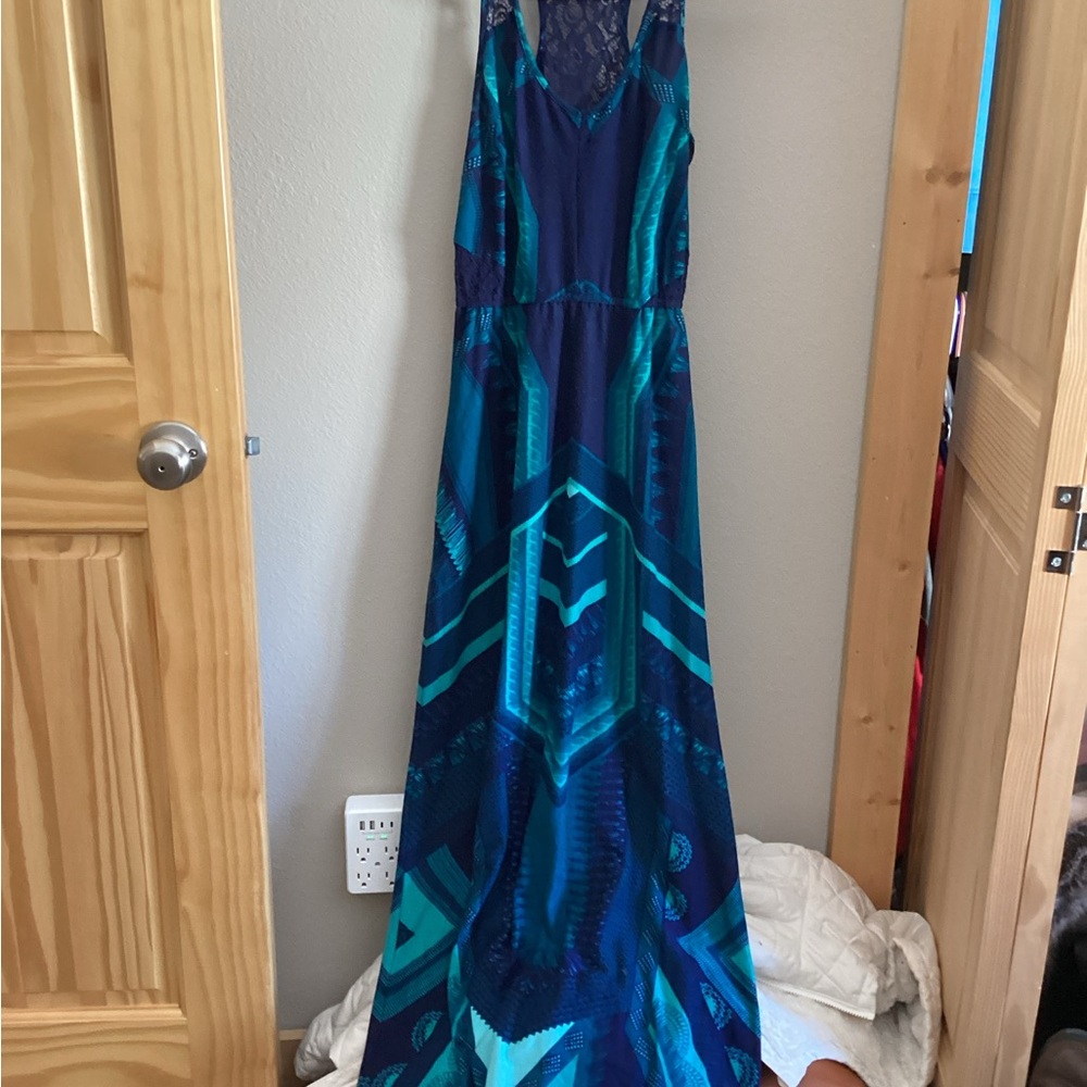 Vanity Blue Teal Geometric Lace Maxi Dress Sleeveless Strappy Size S